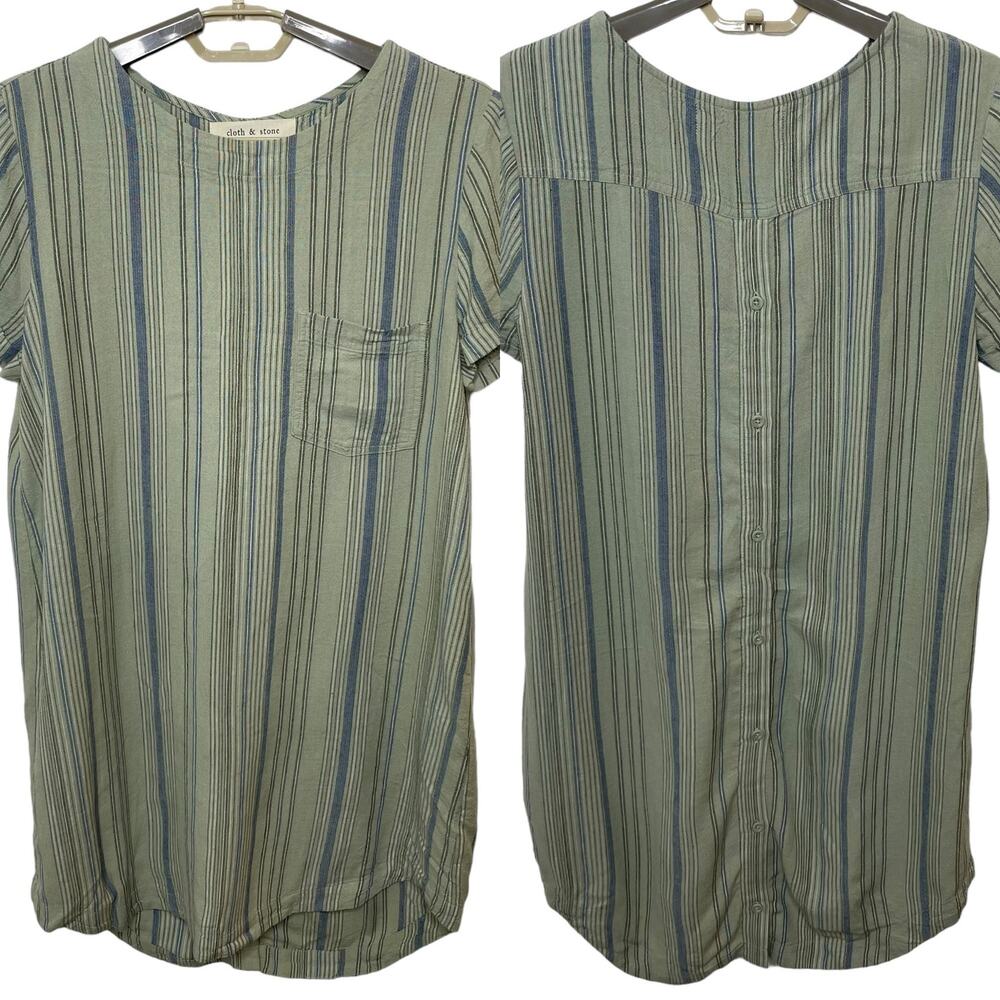 Cloth & Stone Anthropologie Green Striped Linen Blend Tunic Shirt Dress Size XS